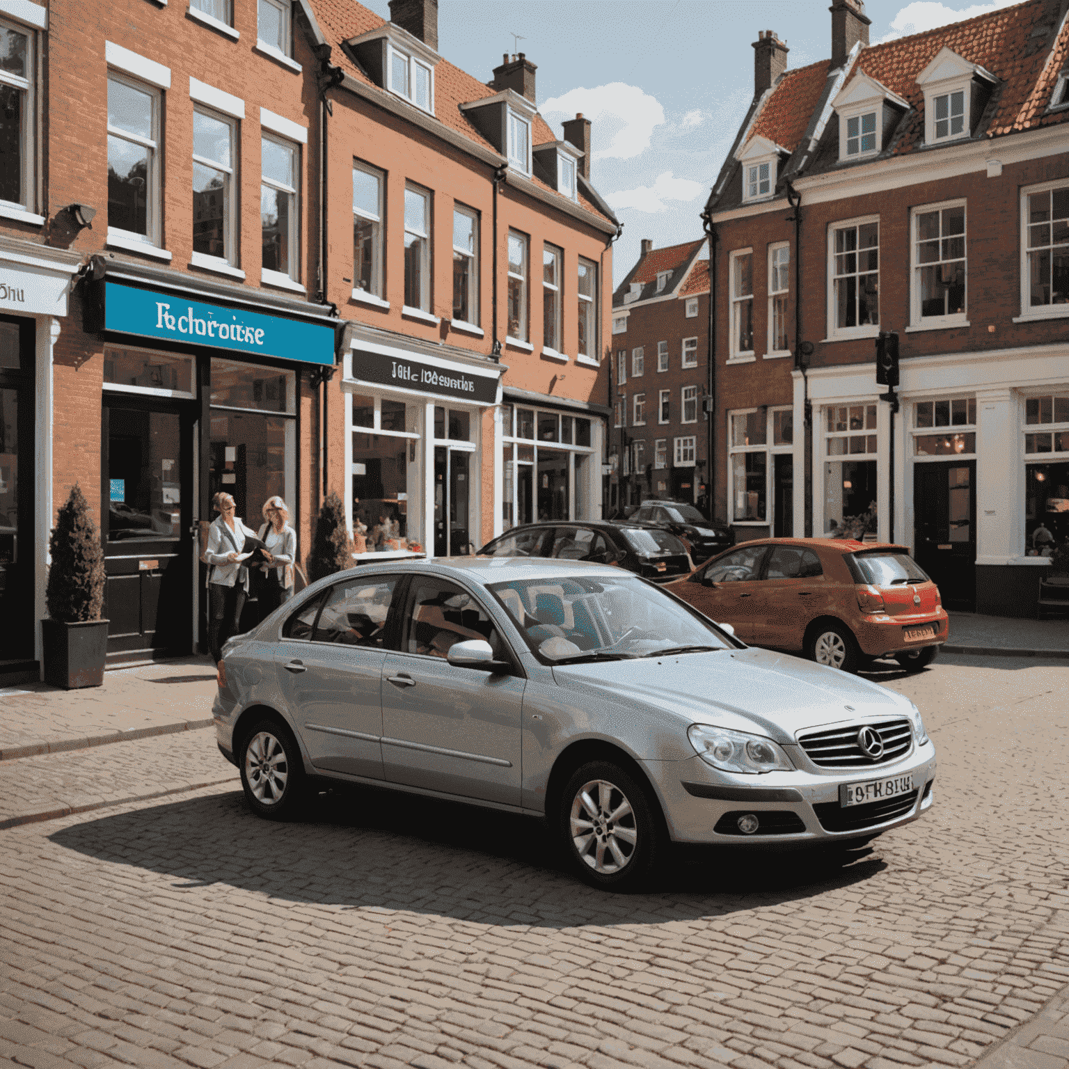 Een moderne auto geparkeerd op een Nederlandse straat met een verzekeringsagent die een polis uitlegt aan de eigenaar