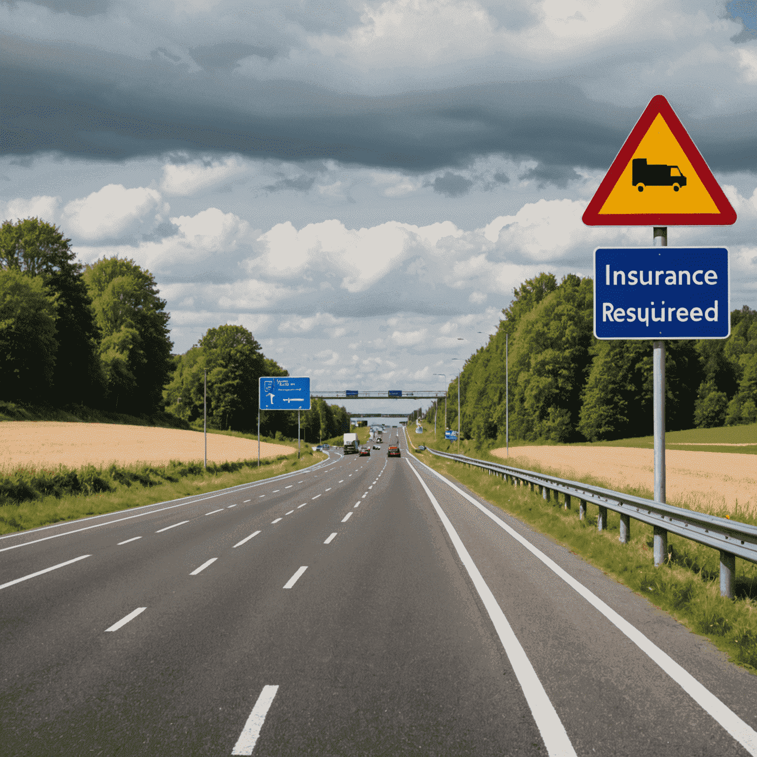 Een Nederlandse snelweg met auto's en een groot verkeersbord waarop 'Verzekering Verplicht' staat